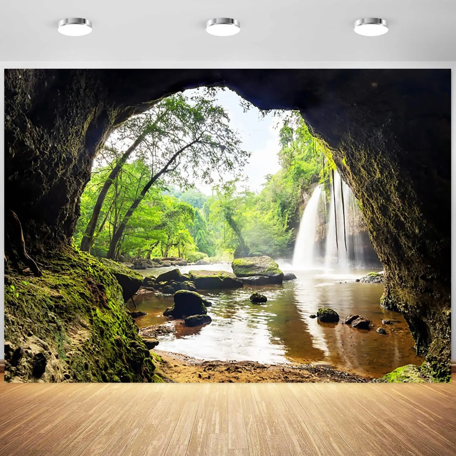 Forest Waterfall Mountain Cave - Outdoor Adventure Background บทวิจารณ์และราคา