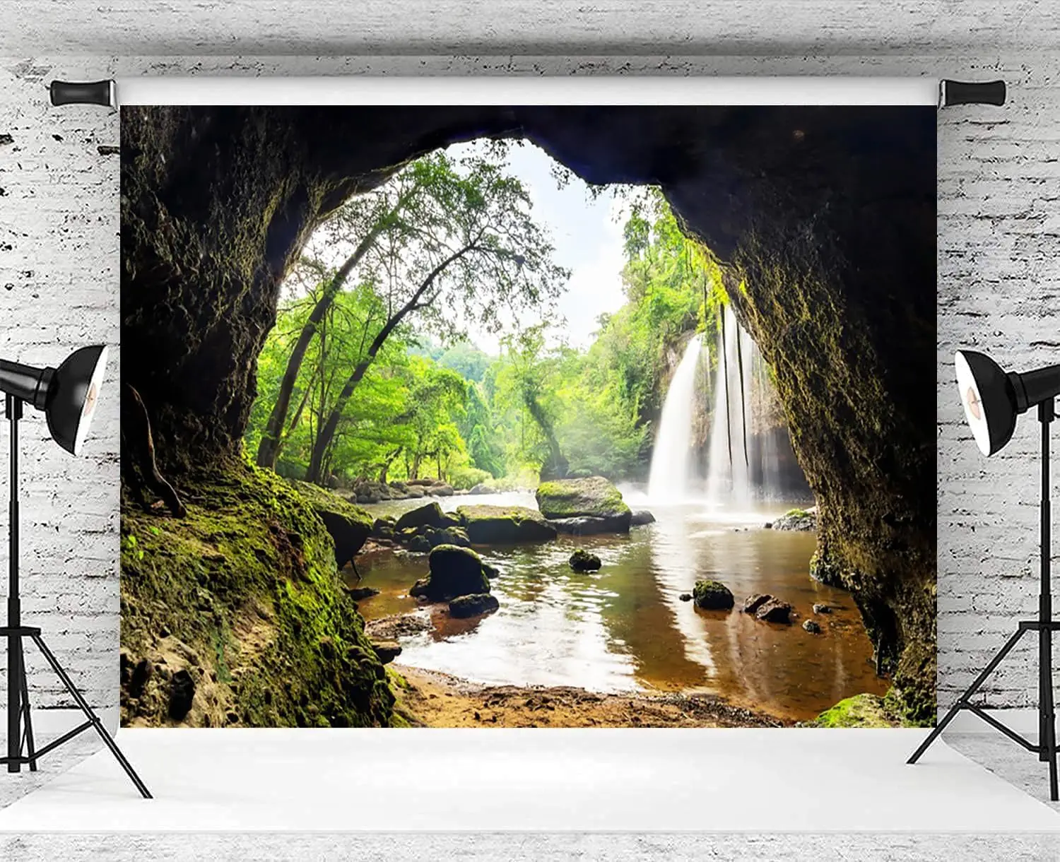 Forest Waterfall Mountain Cave - Outdoor Adventure Background บทวิจารณ์และราคา